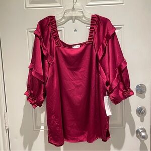 Liz Claiborne Burgundy Red Satin Square Neck Ruffle Sleeve Blouse Top 2X Maroon